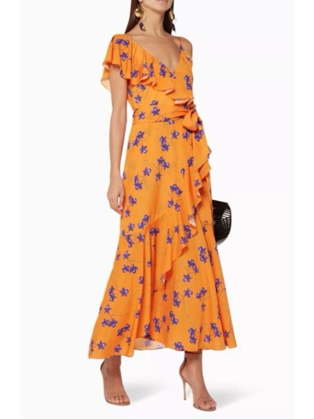 Borgo de Nor Size 8 Orange Floral Ruffle Wrap Maxi Dress Off Shoulder Asym